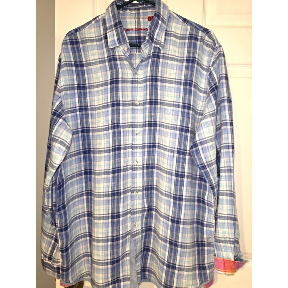 Men's Report Collection 100% Linen Shirt Blue Plaid Check Oxford Dress Sz Large